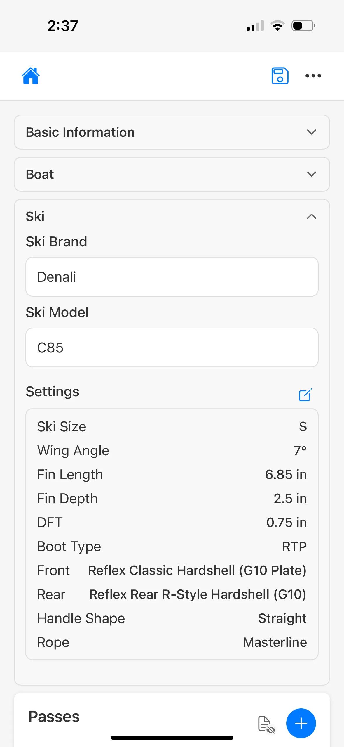 Ski settings panel showing Denali C85 with full fin geometry, Reflex bindings, and Masterline rope.