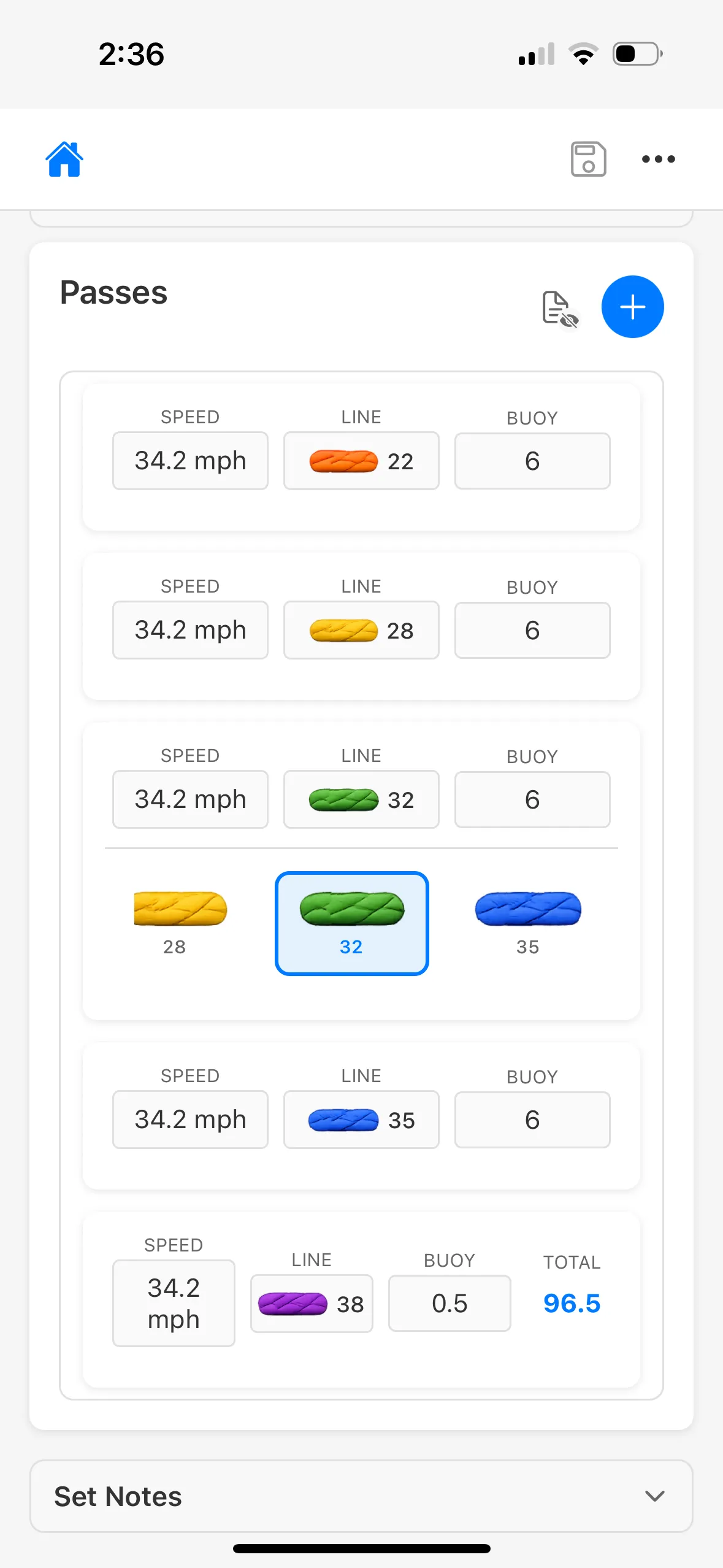Pass detail with the line picker open showing 28, 32 and 35 off as colour-coded ropes.