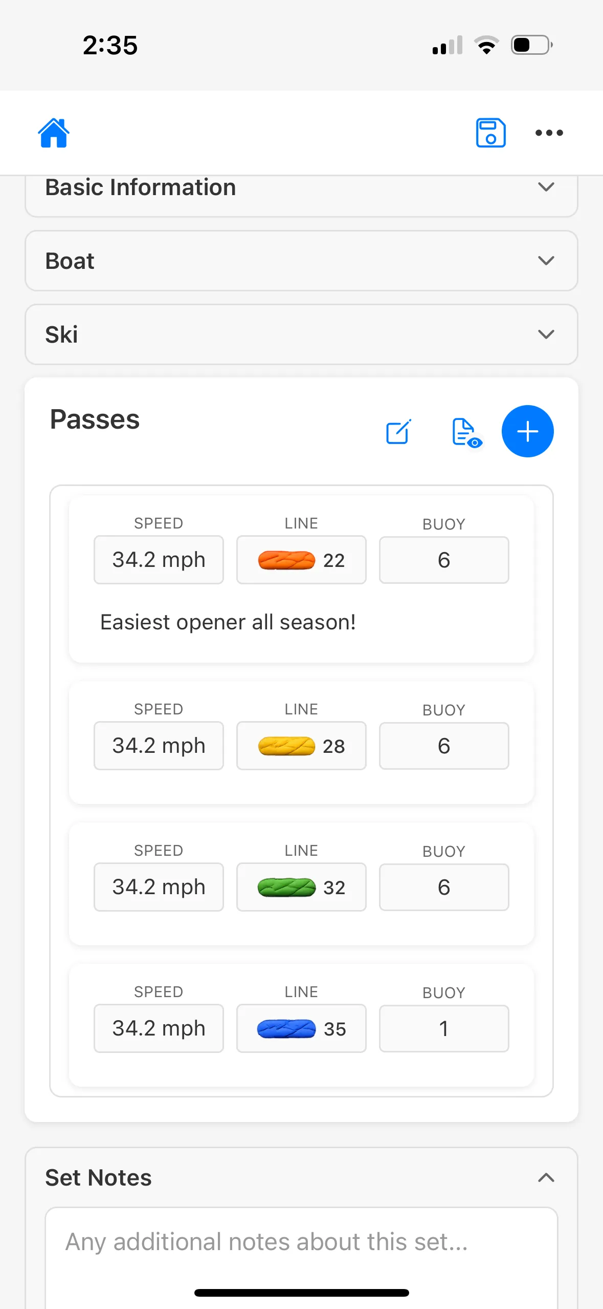 SwerveNerd set screen showing four passes at 34.2 mph through 22, 28, 32 and 35 off, with a hand-typed note on the opener.