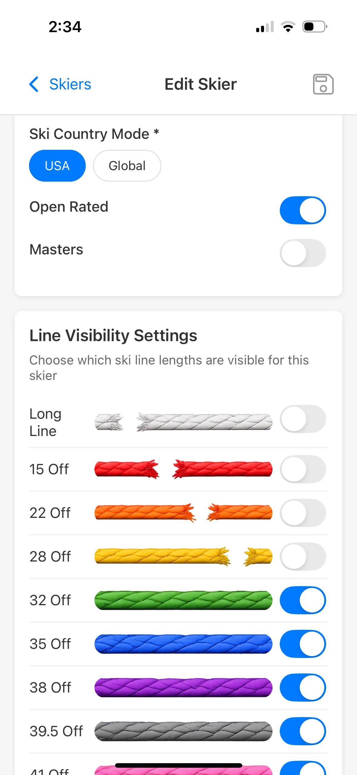 Edit Skier screen with country mode, open-rated and masters toggles, and per-line visibility settings.